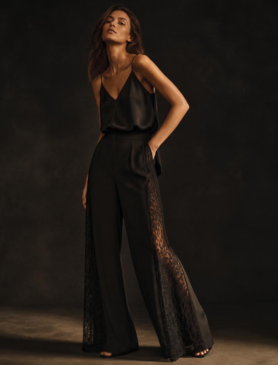 The Satin Veil Pants worn by a model